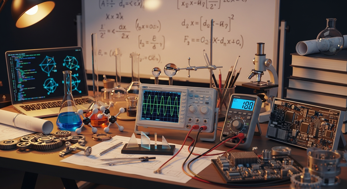 Profesyonel mühendislik ve fen bilimleri laboratuvarı: osiloskop, devre kartları, mekanik dişliler, kimya setleri, matematik denklemleri ve bilgisayar ekranları